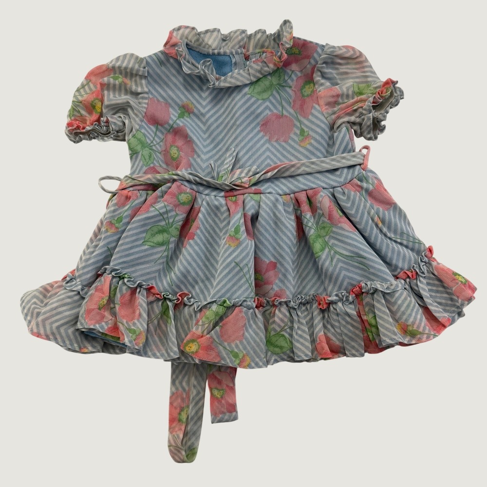 Vintage 1970s Baby Girl Dress Approx 12-18M Blue Pink Floral Ruffle Tie Waist
